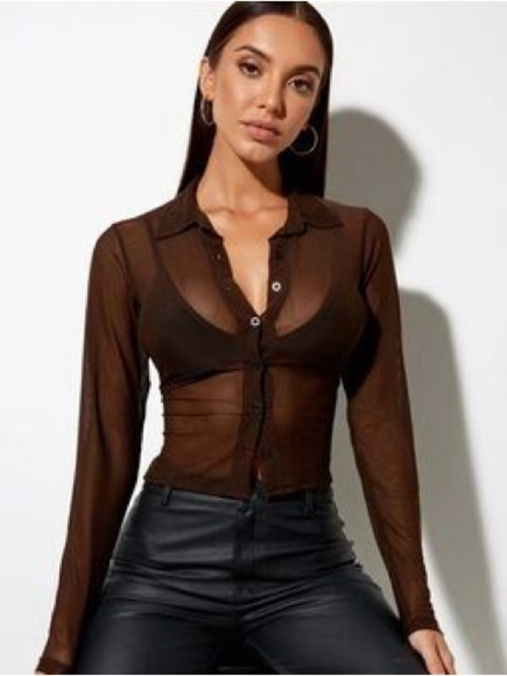 Motel Rocks Cropped Kelly Shirt In Mesh Chocolate Size XS